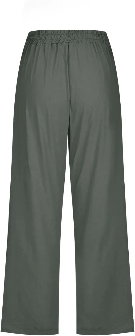 Linen Capri Pants for Women Summer Casual Wide Leg Beach Pants Elastic High Waist Drawstring Loose Cropped Trousers