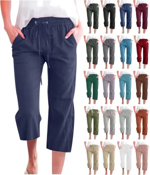 Linen Capri Pants for Women Summer Casual Wide Leg Beach Pants Elastic High Waist Drawstring Loose Cropped Trousers