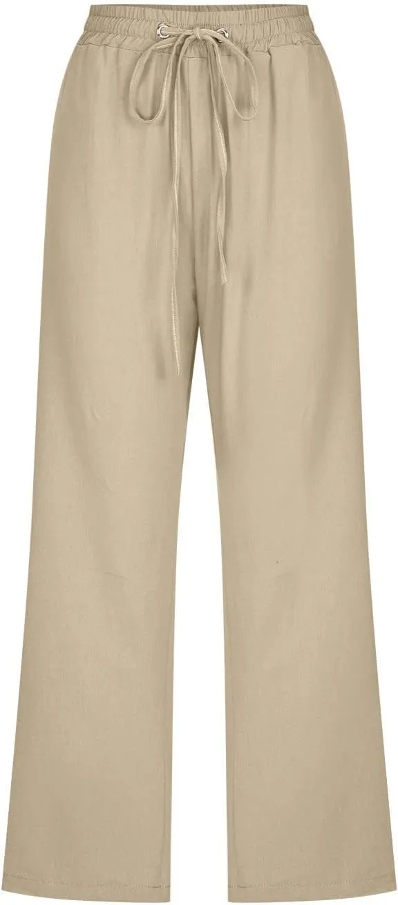 Linen Capri Pants for Women Summer Casual Wide Leg Beach Pants Elastic High Waist Drawstring Loose Cropped Trousers