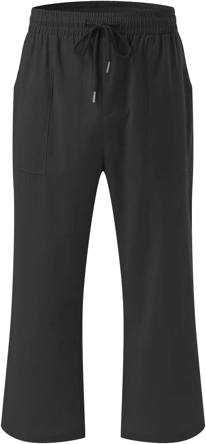 Linen Capri Pants for Women Summer Casual Wide Leg Beach Pants Elastic High Waist Drawstring Loose Cropped Trousers