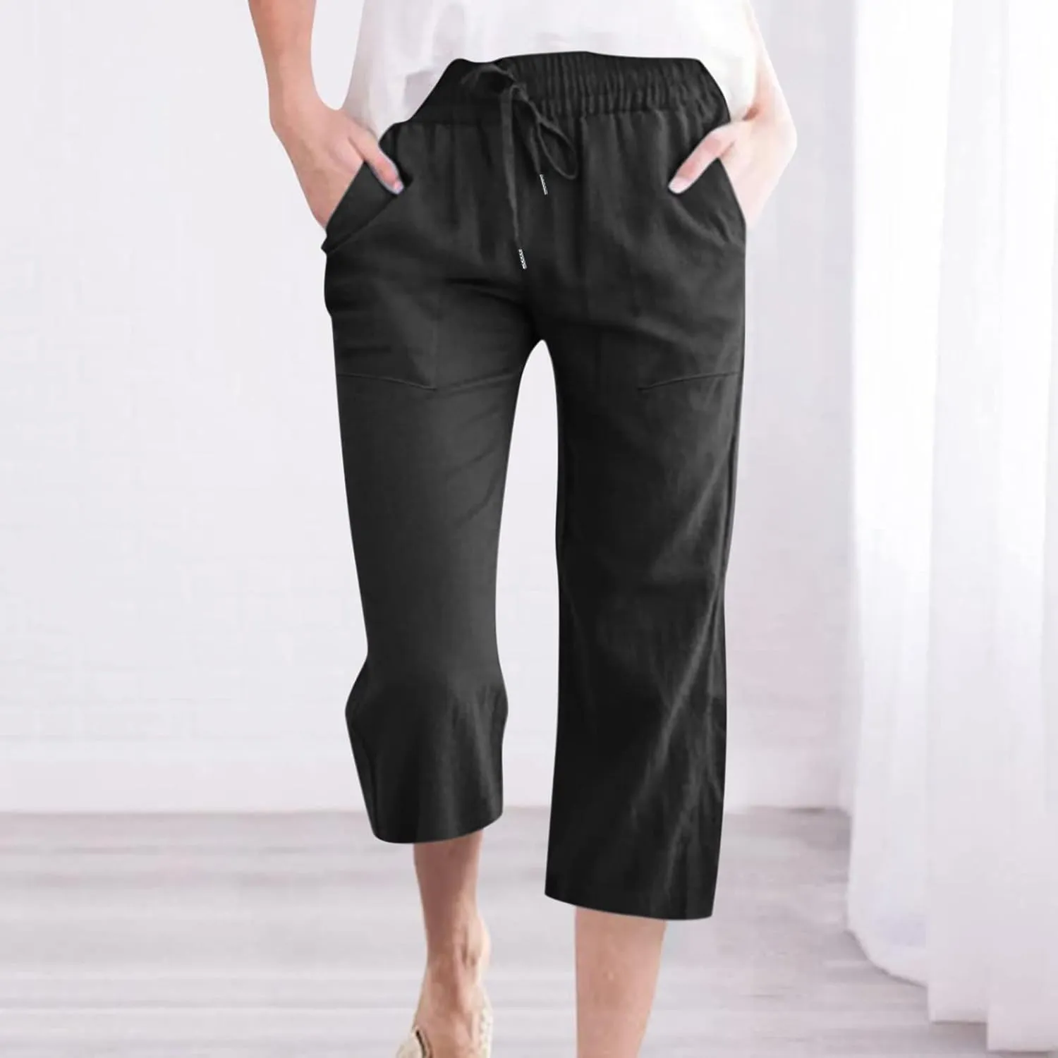 Linen Capri Pants for Women Summer Casual Wide Leg Beach Pants Elastic High Waist Drawstring Loose Cropped Trousers