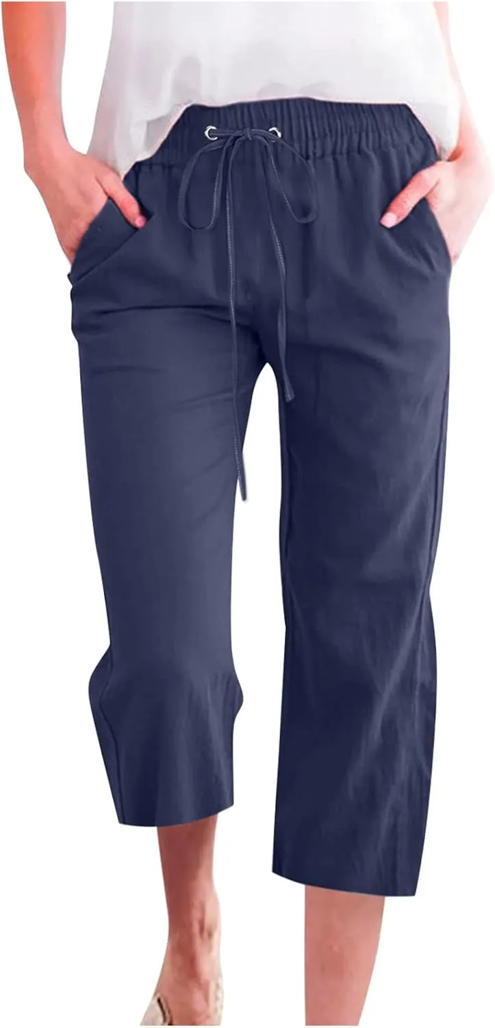 Linen Capri Pants for Women Summer Casual Wide Leg Beach Pants Elastic High Waist Drawstring Loose Cropped Trousers