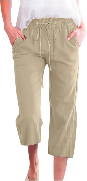 Linen Capri Pants for Women Summer Casual Wide Leg Beach Pants Elastic High Waist Drawstring Loose Cropped Trousers