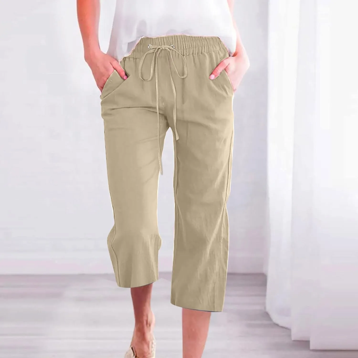 Linen Capri Pants for Women Summer Casual Wide Leg Beach Pants Elastic High Waist Drawstring Loose Cropped Trousers