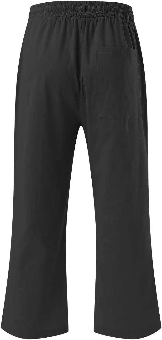 Linen Capri Pants for Women Summer Casual Wide Leg Beach Pants Elastic High Waist Drawstring Loose Cropped Trousers