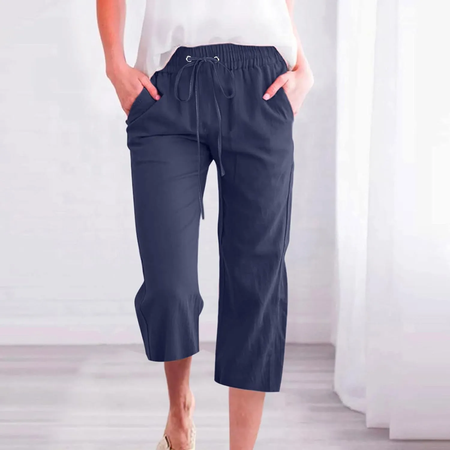 Linen Capri Pants for Women Summer Casual Wide Leg Beach Pants Elastic High Waist Drawstring Loose Cropped Trousers