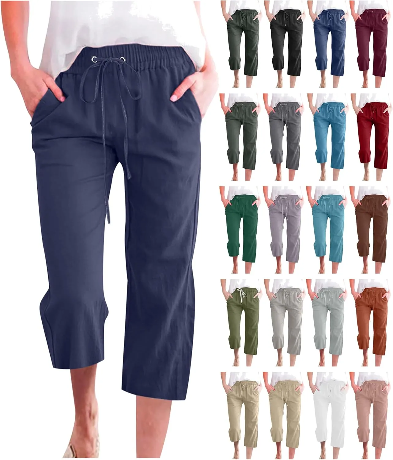 Linen Capri Pants for Women Summer Casual Wide Leg Beach Pants Elastic High Waist Drawstring Loose Cropped Trousers
