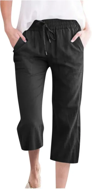 Linen Capri Pants for Women Summer Casual Wide Leg Beach Pants Elastic High Waist Drawstring Loose Cropped Trousers