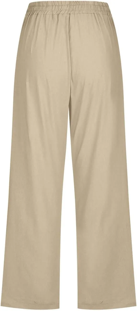 Linen Capri Pants for Women Summer Casual Wide Leg Beach Pants Elastic High Waist Drawstring Loose Cropped Trousers