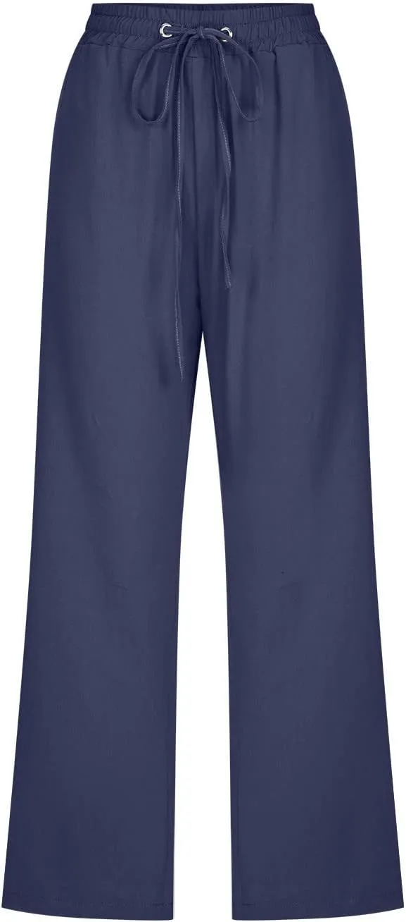 Linen Capri Pants for Women Summer Casual Wide Leg Beach Pants Elastic High Waist Drawstring Loose Cropped Trousers