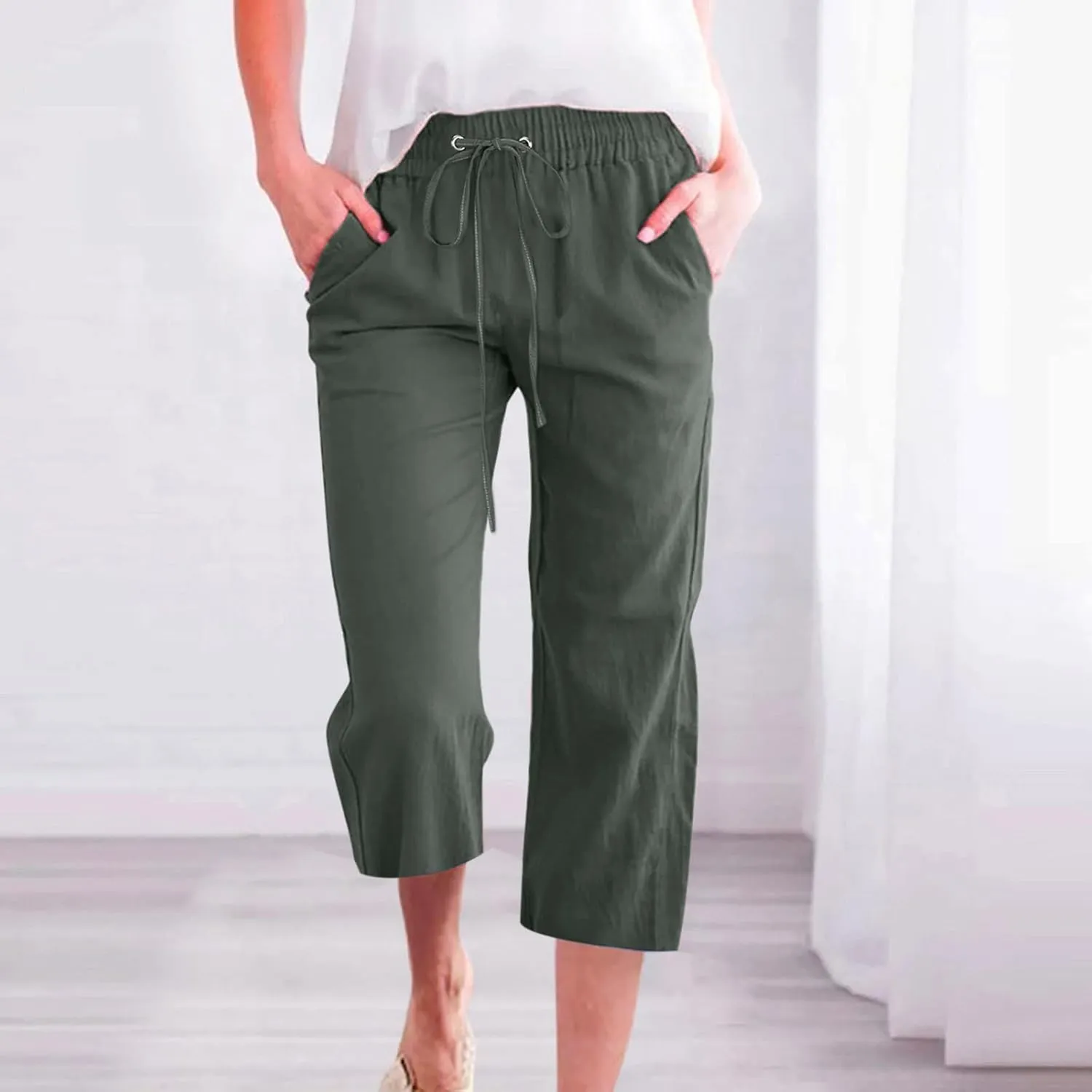 Linen Capri Pants for Women Summer Casual Wide Leg Beach Pants Elastic High Waist Drawstring Loose Cropped Trousers