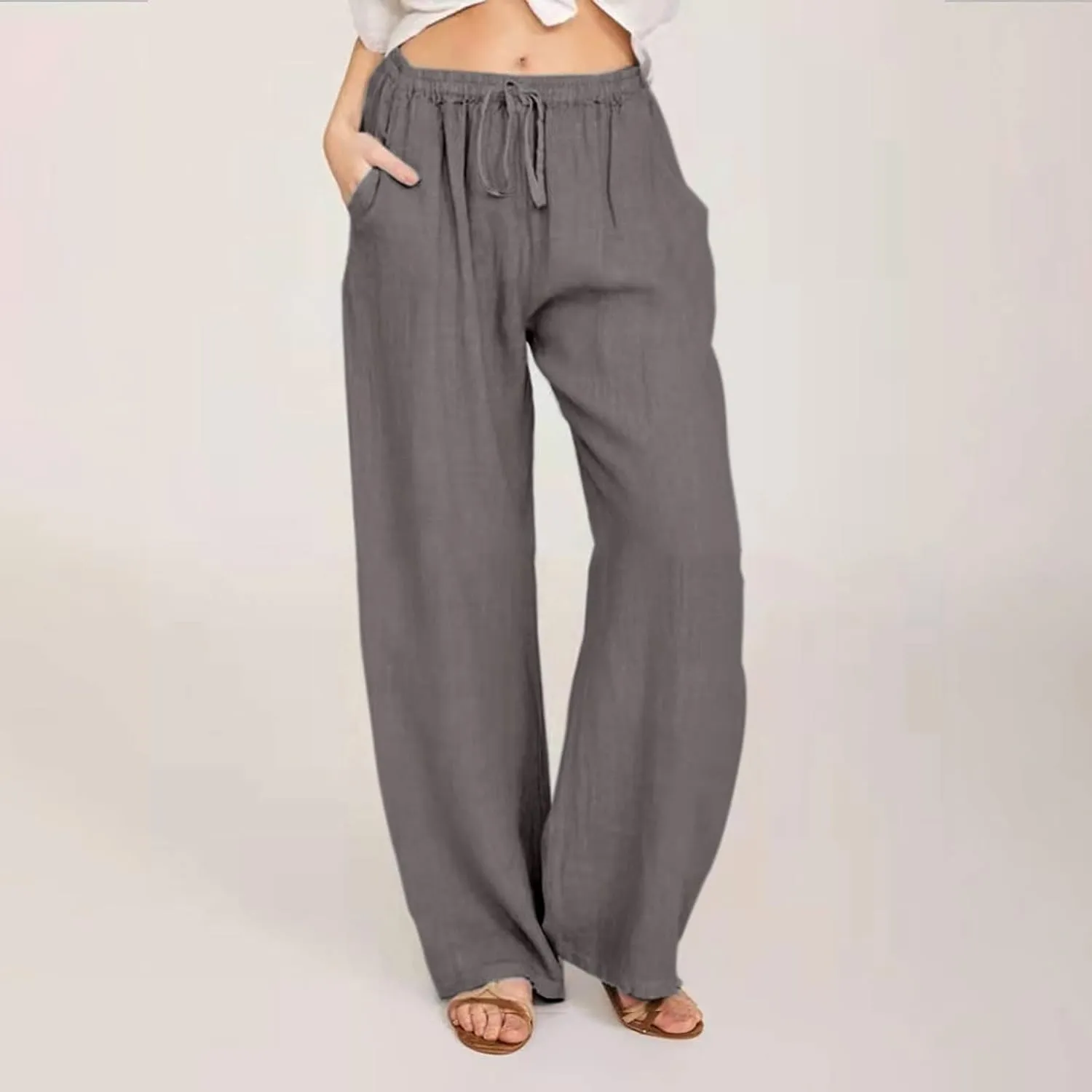 Linen Pants Women Summer Casual Wide Leg Palazzo Pants Baggy High Waisted Drawstring Lounge Trousers Beach Travel Outfits
