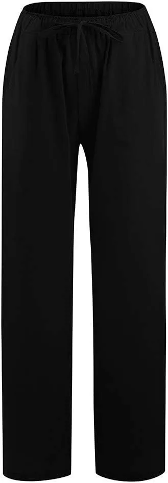 Linen Pants Women Summer Casual Wide Leg Palazzo Pants Baggy High Waisted Drawstring Lounge Trousers Beach Travel Outfits
