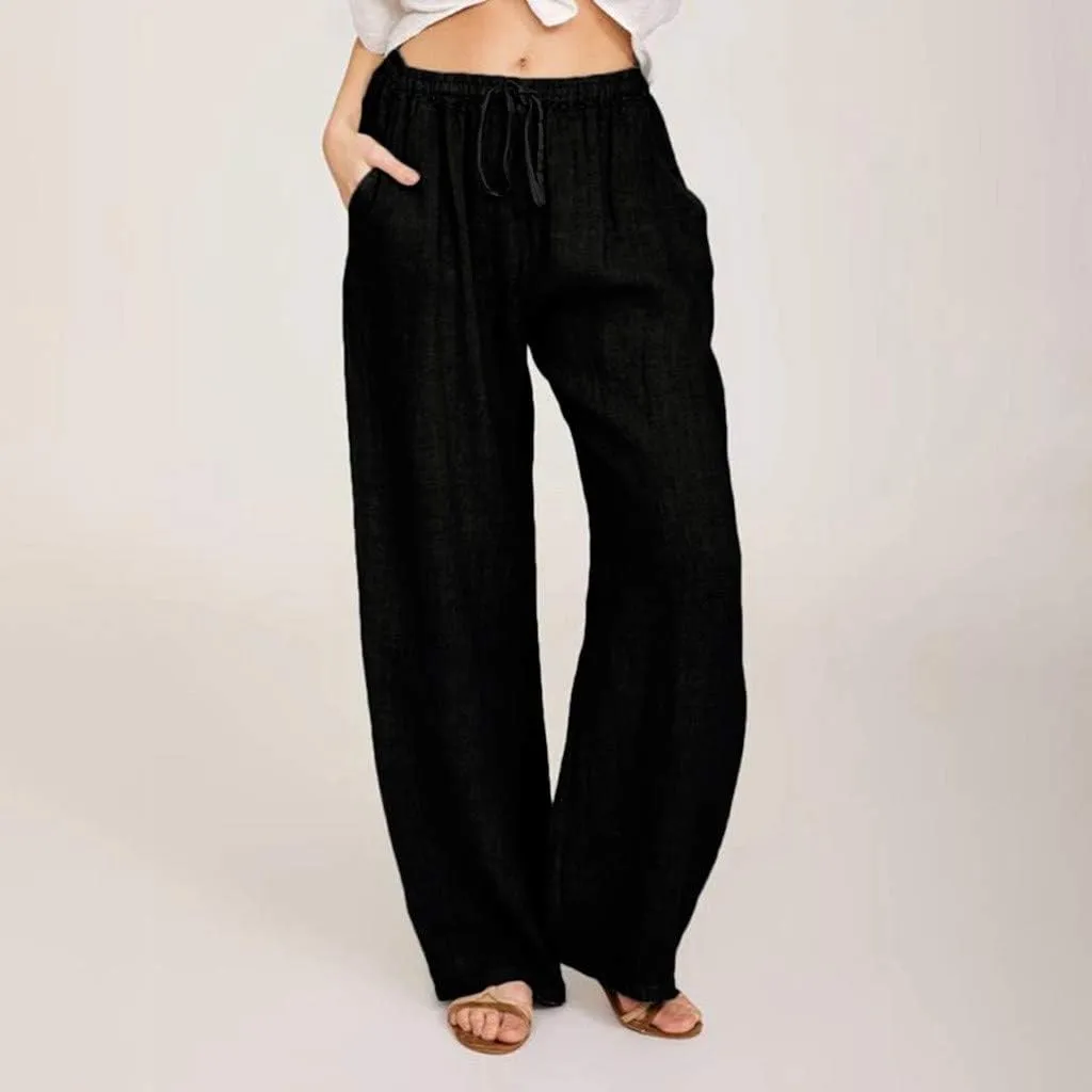 Linen Pants Women Summer Casual Wide Leg Palazzo Pants Baggy High Waisted Drawstring Lounge Trousers Beach Travel Outfits