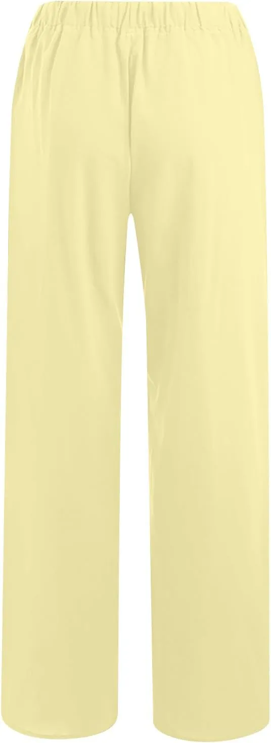 Linen Pants Women Summer Casual Wide Leg Palazzo Pants Baggy High Waisted Drawstring Lounge Trousers Beach Travel Outfits