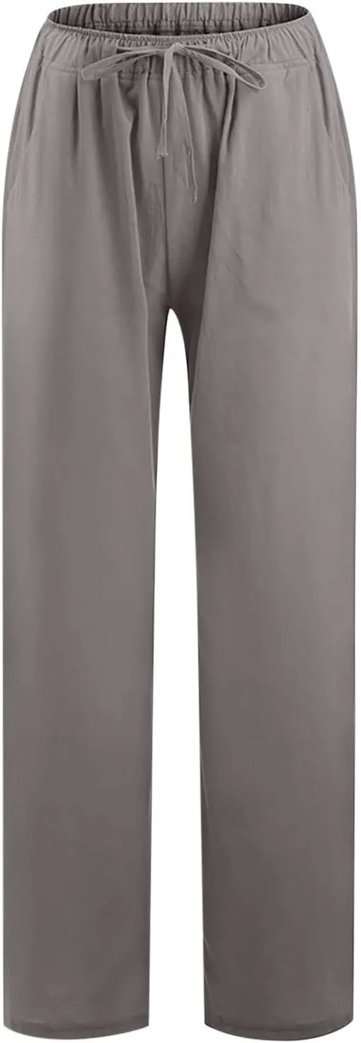 Linen Pants Women Summer Casual Wide Leg Palazzo Pants Baggy High Waisted Drawstring Lounge Trousers Beach Travel Outfits