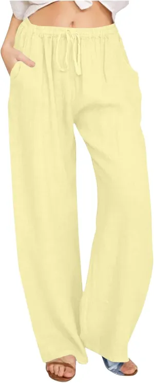 Linen Pants Women Summer Casual Wide Leg Palazzo Pants Baggy High Waisted Drawstring Lounge Trousers Beach Travel Outfits