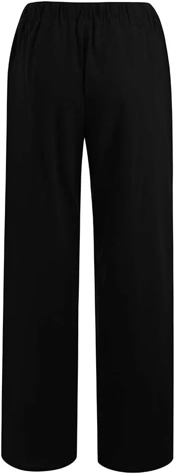 Linen Pants Women Summer Casual Wide Leg Palazzo Pants Baggy High Waisted Drawstring Lounge Trousers Beach Travel Outfits