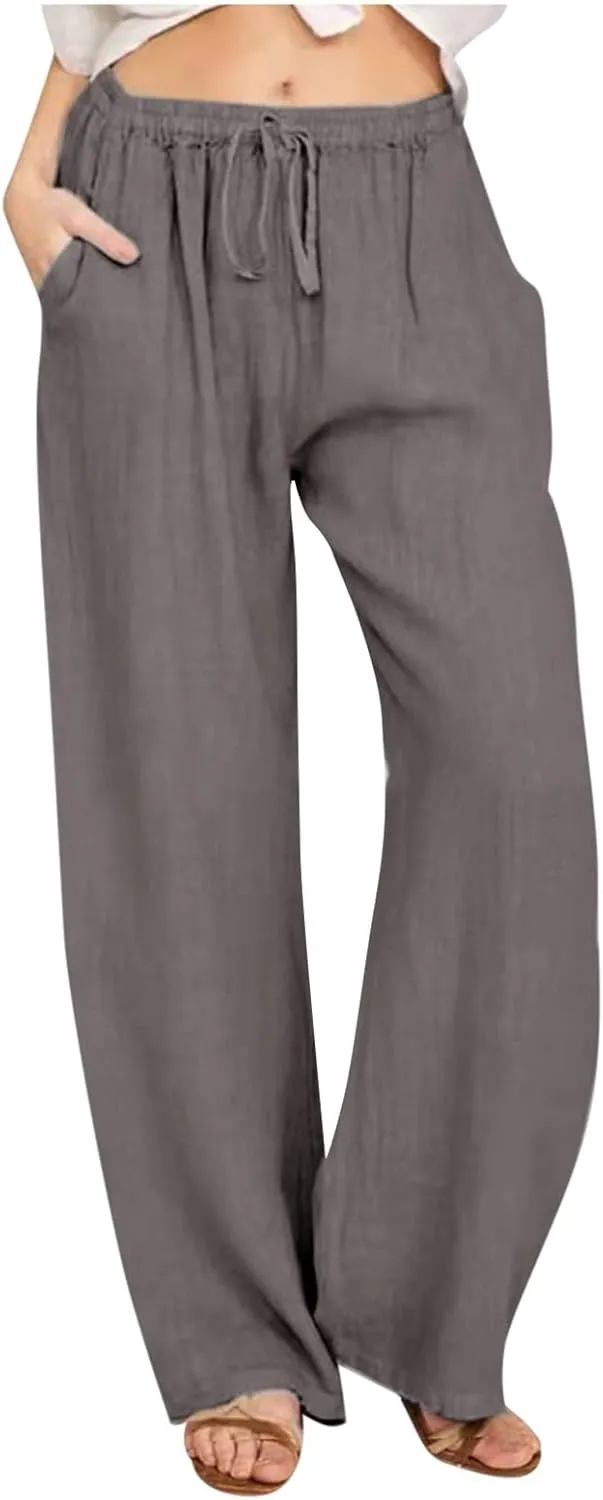 Linen Pants Women Summer Casual Wide Leg Palazzo Pants Baggy High Waisted Drawstring Lounge Trousers Beach Travel Outfits