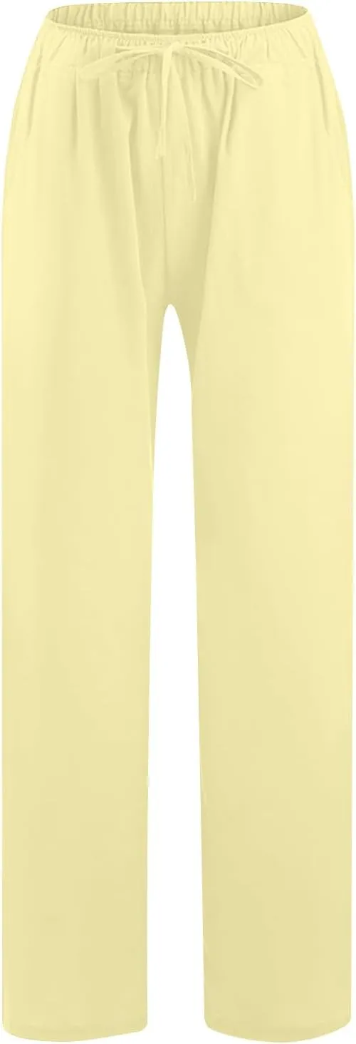 Linen Pants Women Summer Casual Wide Leg Palazzo Pants Baggy High Waisted Drawstring Lounge Trousers Beach Travel Outfits