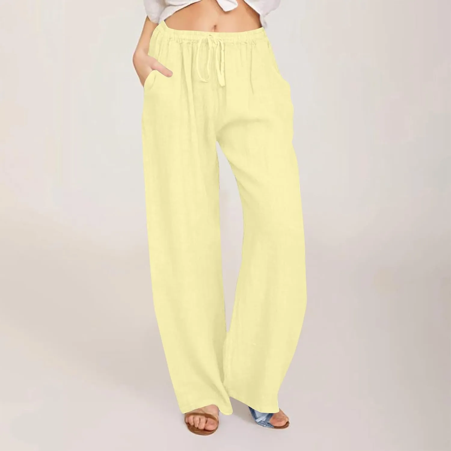 Linen Pants Women Summer Casual Wide Leg Palazzo Pants Baggy High Waisted Drawstring Lounge Trousers Beach Travel Outfits