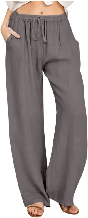 Linen Pants Women Summer Casual Wide Leg Palazzo Pants Baggy High Waisted Drawstring Lounge Trousers Beach Travel Outfits
