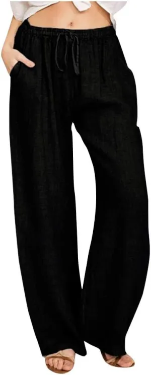 Linen Pants Women Summer Casual Wide Leg Palazzo Pants Baggy High Waisted Drawstring Lounge Trousers Beach Travel Outfits