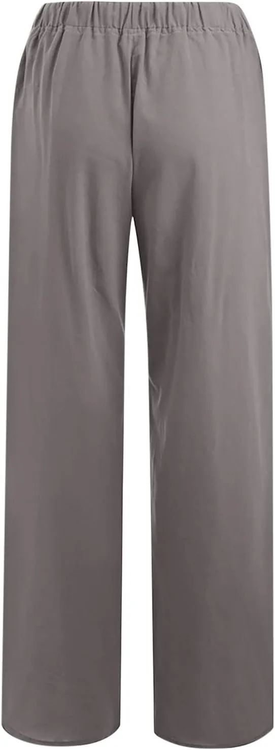Linen Pants Women Summer Casual Wide Leg Palazzo Pants Baggy High Waisted Drawstring Lounge Trousers Beach Travel Outfits