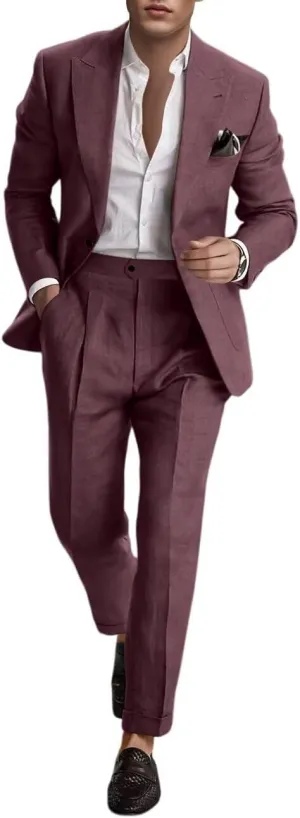 Linen Suit for Men 2 Pieces Summer Casual Suits Slim Fit Groomsmen Tuxedos Beach Wedding Party Blazer Pants Set