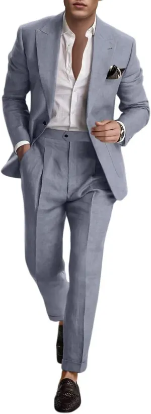 Linen Suit for Men 2 Pieces Summer Casual Suits Slim Fit Groomsmen Tuxedos Beach Wedding Party Blazer Pants Set