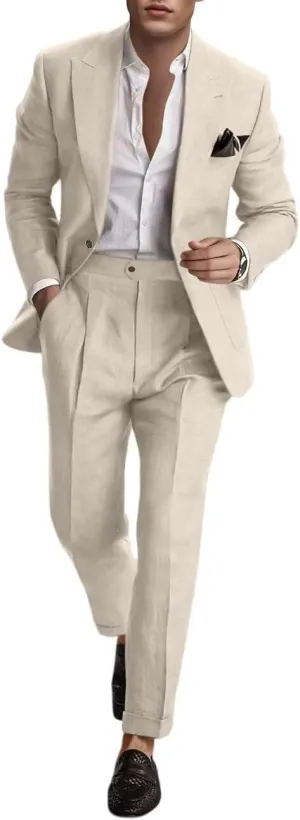 Linen Suit for Men 2 Pieces Summer Casual Suits Slim Fit Groomsmen Tuxedos Beach Wedding Party Blazer Pants Set