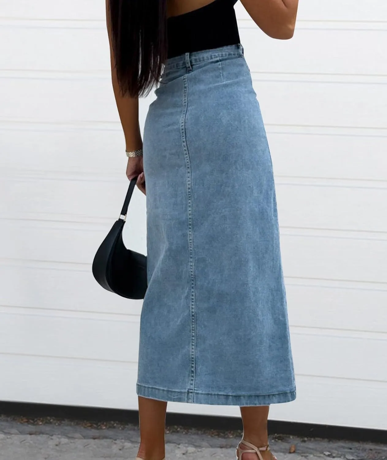 Long Denim Skirt for Women High Waisted Button Split Pencil Bodycon Midi Jean Skirts