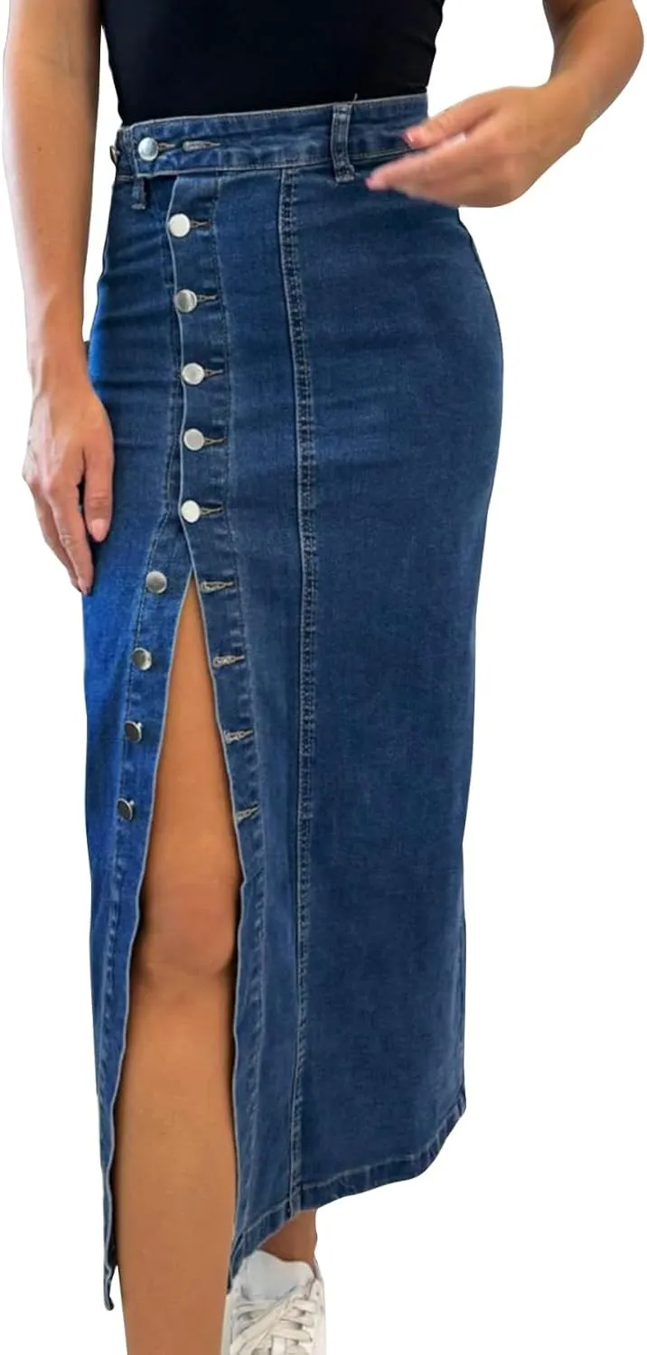 Long Denim Skirt for Women High Waisted Button Split Pencil Bodycon Midi Jean Skirts