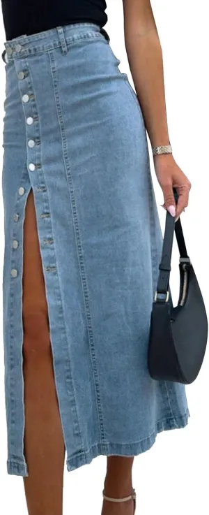Long Denim Skirt for Women High Waisted Button Split Pencil Bodycon Midi Jean Skirts
