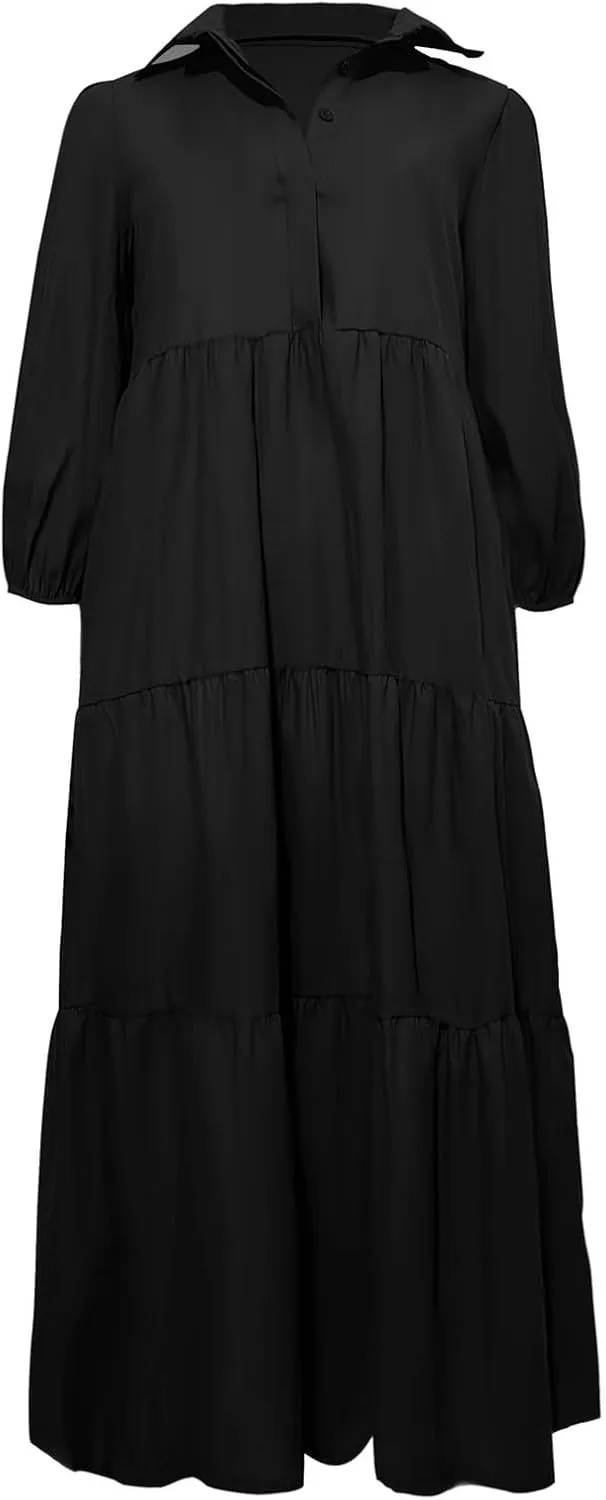 Long Flowy Fall Dresses for Women 2024 Fashion Long Sleeve Button Up Dress Elegant Solid Tiered Pleated Ruffle Dress