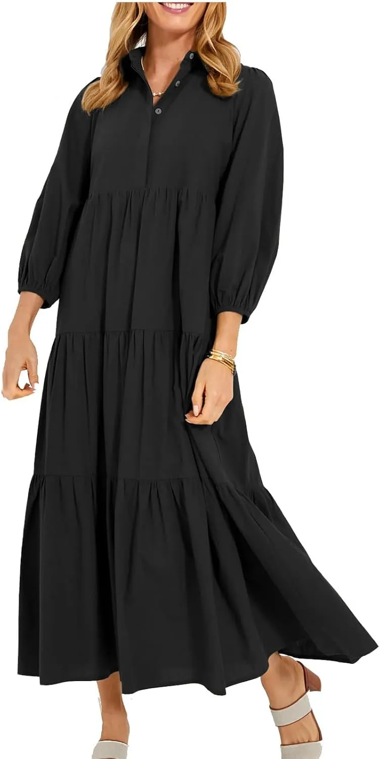 Long Flowy Fall Dresses for Women 2024 Fashion Long Sleeve Button Up Dress Elegant Solid Tiered Pleated Ruffle Dress