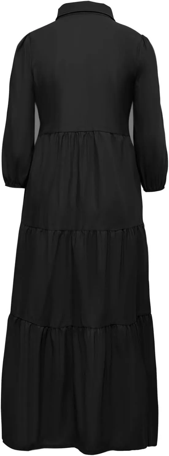 Long Flowy Fall Dresses for Women 2024 Fashion Long Sleeve Button Up Dress Elegant Solid Tiered Pleated Ruffle Dress