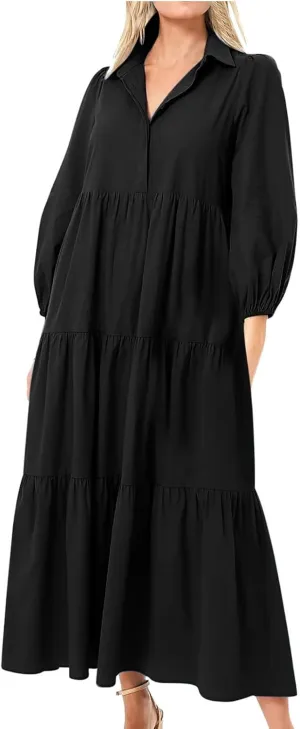 Long Flowy Fall Dresses for Women 2024 Fashion Long Sleeve Button Up Dress Elegant Solid Tiered Pleated Ruffle Dress