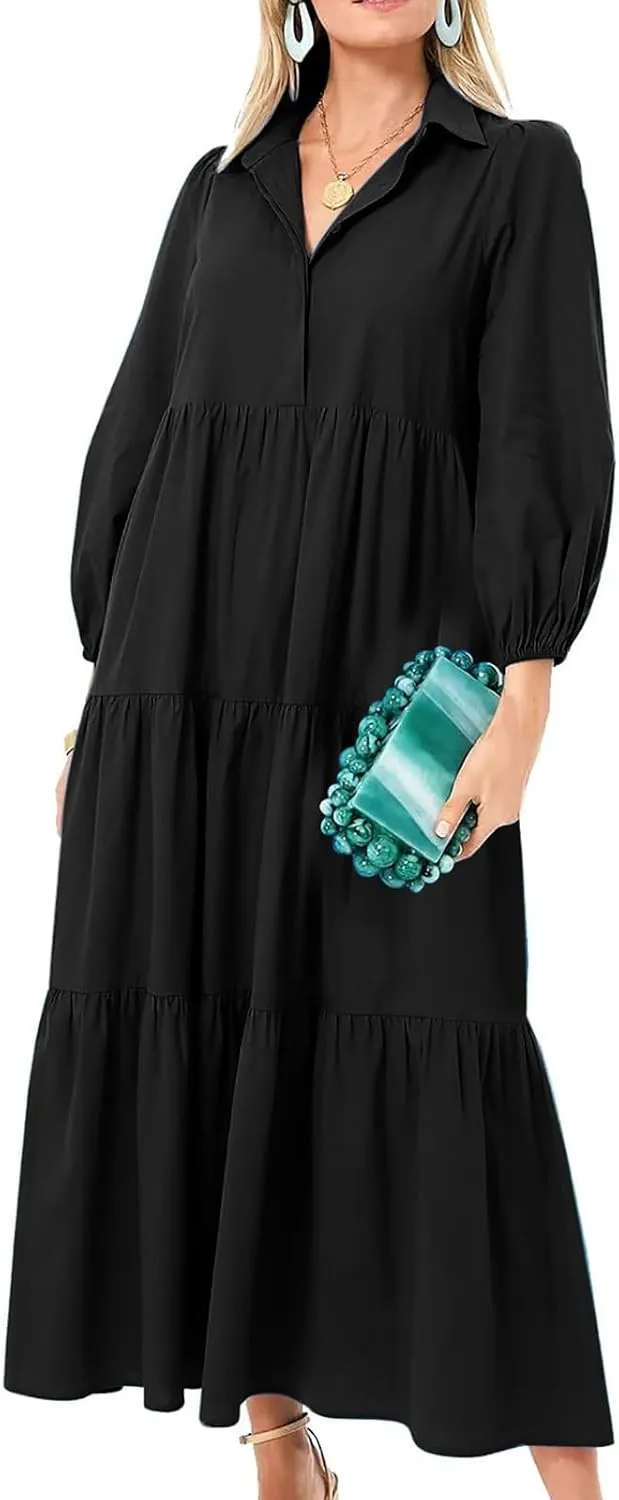 Long Flowy Fall Dresses for Women 2024 Fashion Long Sleeve Button Up Dress Elegant Solid Tiered Pleated Ruffle Dress