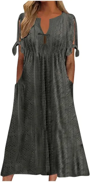 Long Maxi Long Dresses for Women 2025 Trendy Short Sleeve Eyelet Tshirt Dress Casual Summer Beach Vacation Sundresses