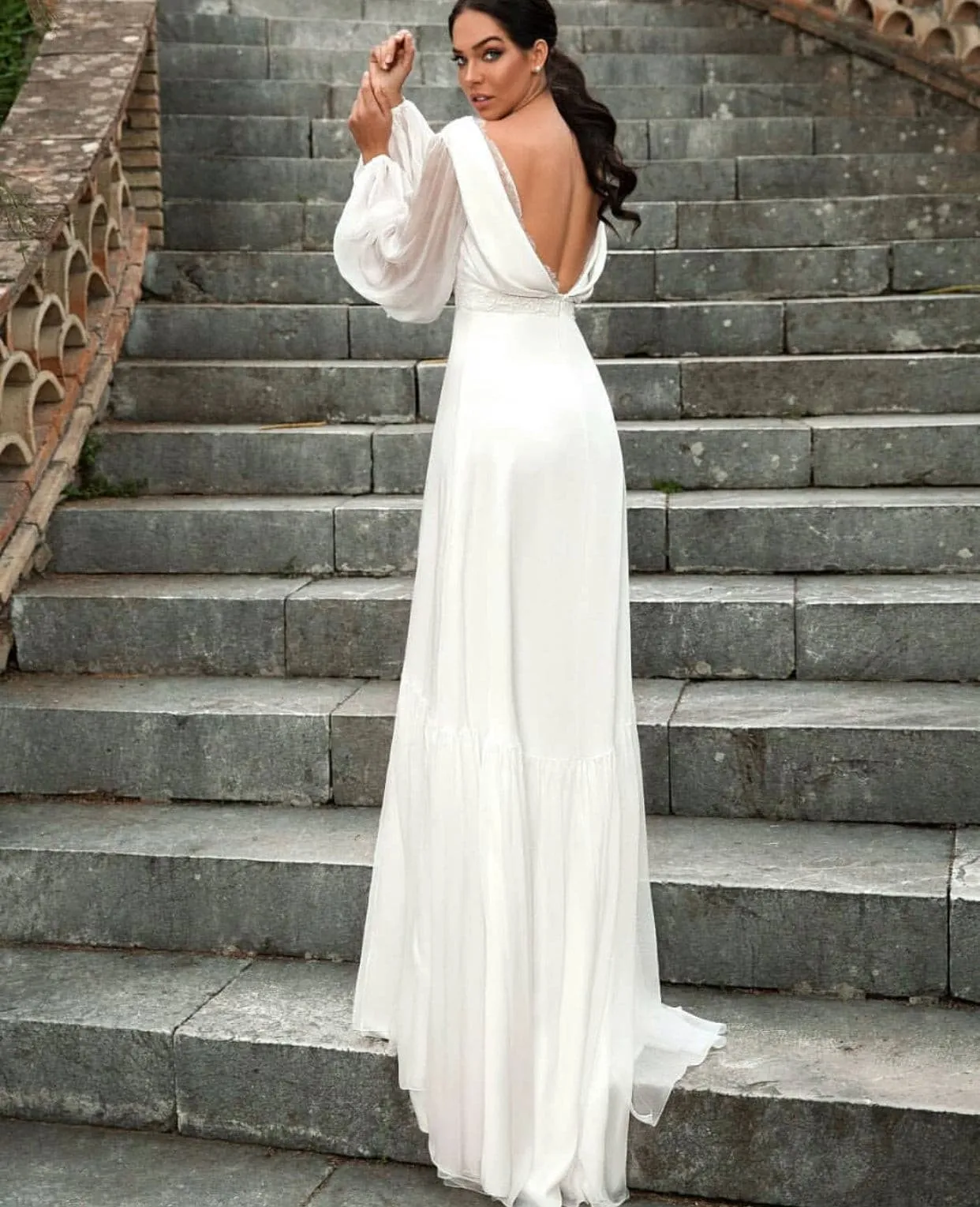 Long-Puff-Sleeved Bridal Gown