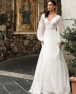 Long-Puff-Sleeved Bridal Gown