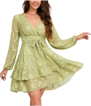 Long Sleeve Chiffon Lace Midi Dress Casual Trendy Sexy V Neck Elegant Formal Smocked Flowy A Line Cute Party Dress