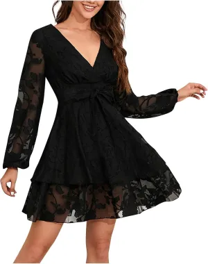 Long Sleeve Chiffon Lace Midi Dress Casual Trendy Sexy V Neck Elegant Formal Smocked Flowy A Line Cute Party Dress