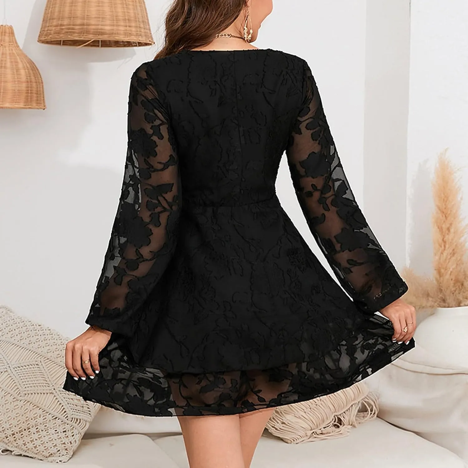 Long Sleeve Chiffon Lace Midi Dress Casual Trendy Sexy V Neck Elegant Formal Smocked Flowy A Line Cute Party Dress