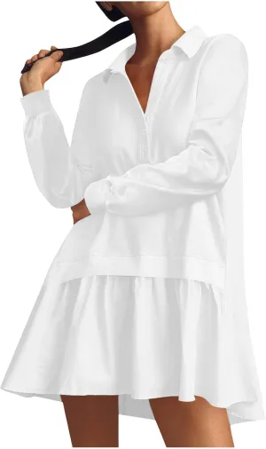 Long Sleeve Dresses for Women 2024 Sexy V Neck Solid Ruffle Mini Dress Causal Pleated Pullover Mini Dress Fall Outfit