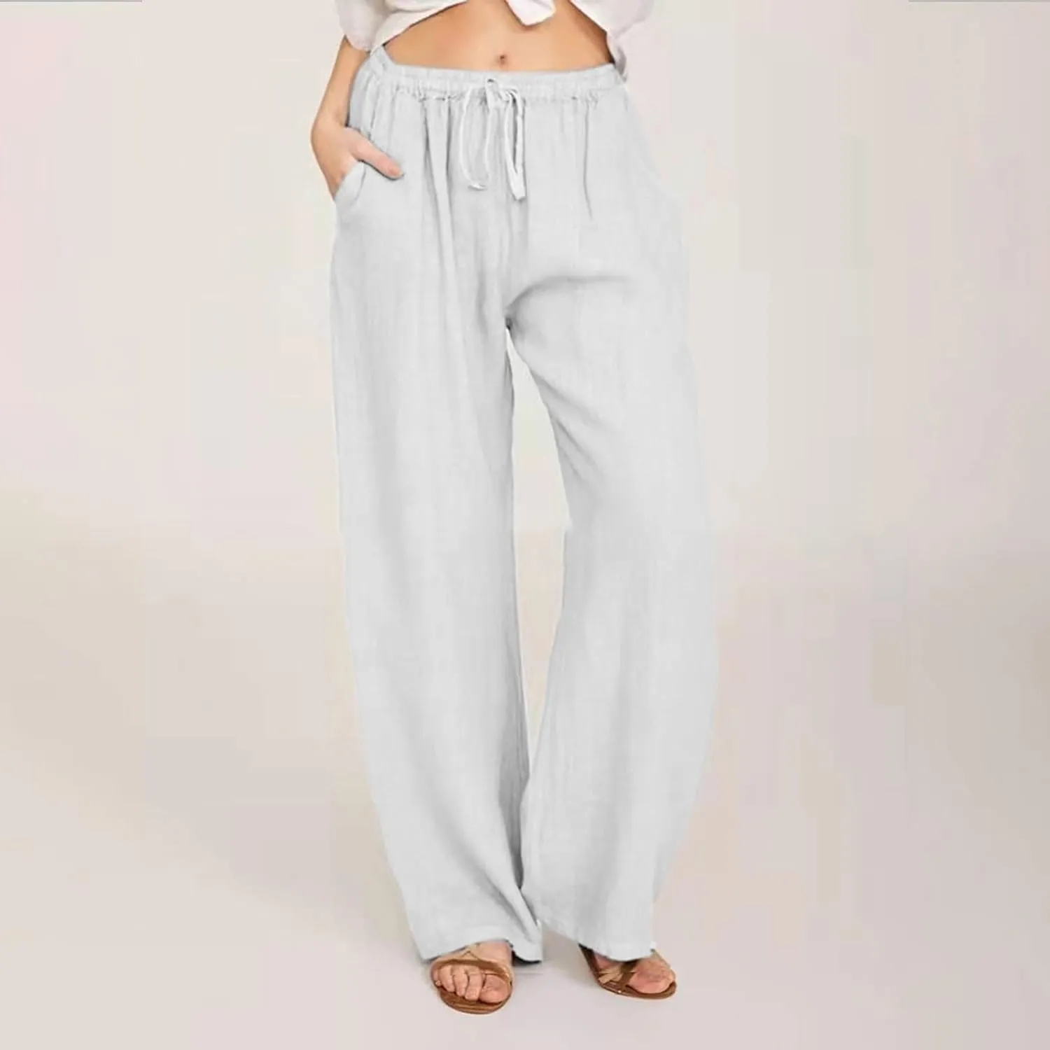 Loose Linen Pants for Women 2025 Summer Trendy Drawstring Waist Pants Beach Vacation Trousers with Pockets