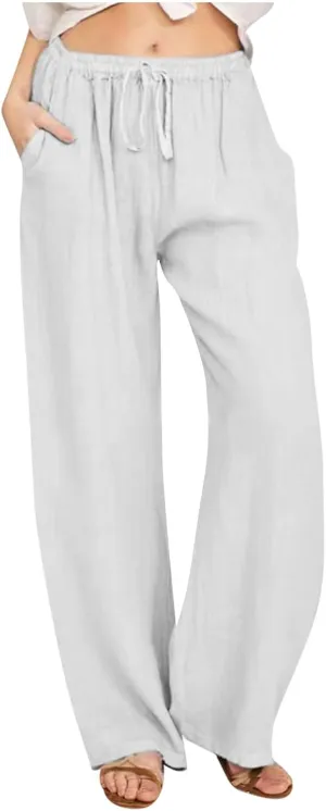 Loose Linen Pants for Women 2025 Summer Trendy Drawstring Waist Pants Beach Vacation Trousers with Pockets