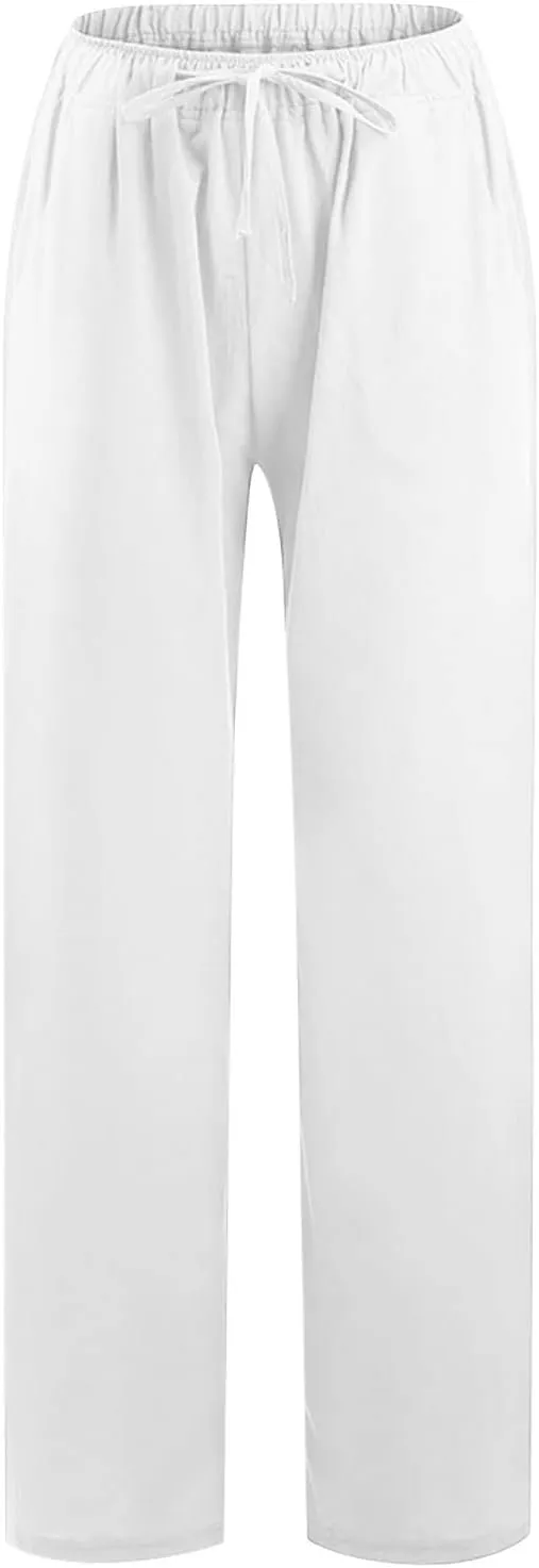 Loose Linen Pants for Women 2025 Summer Trendy Drawstring Waist Pants Beach Vacation Trousers with Pockets