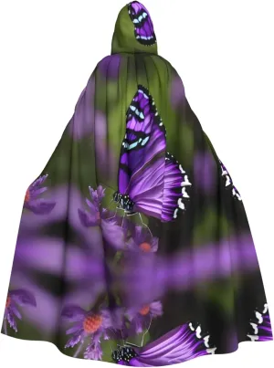 Lovely Purple Butterfly Print Halloween Cloak Men Cape Renaissance Cloak With Hood, For Adult Cosplay Party Costume